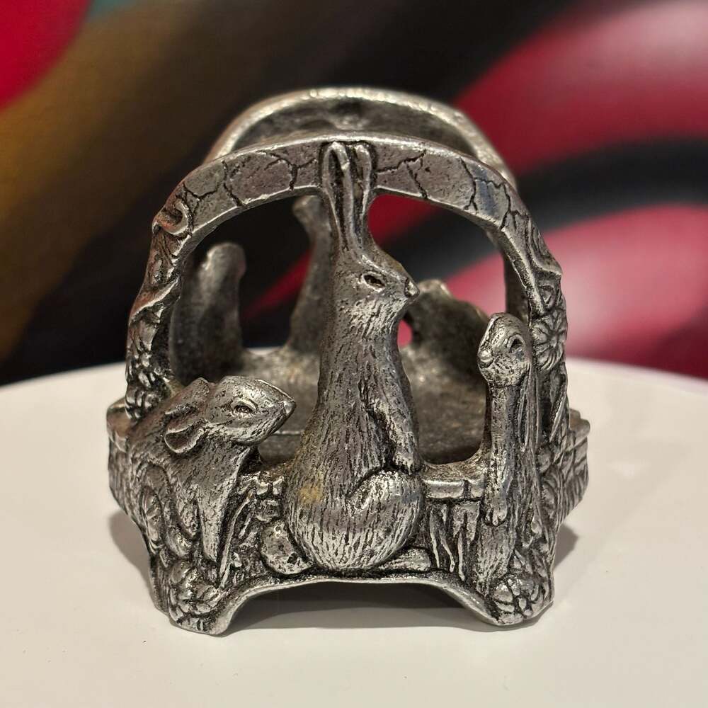Vintage Pewter Rabbit Napkin Ring Holder